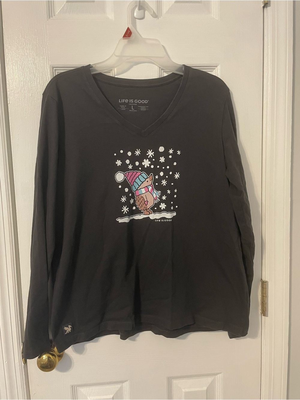Life Is Good Charcoal Crusher Long-Sleeve Tee Snow Owl 100% Cotton Size Large